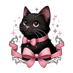 black cat with pink ribbon