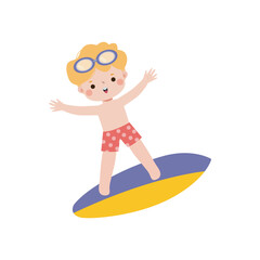 cute surfer kid character with surfboard on beach. Happy young surfer on the crest wave, flat vector illustration isolated on white background summer time 