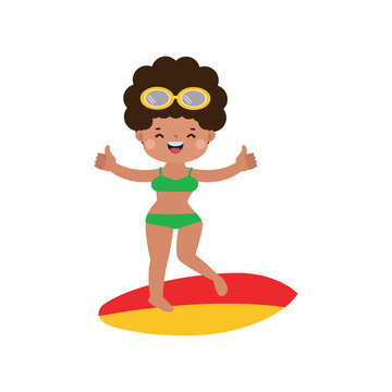 recommend clip art: cute surfer kid character with surfboard on beach. Happy young surfer on the crest wave, flat vector illustration isolated on white background summer time 