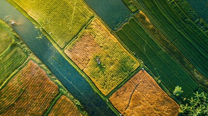 Fototapeta premium An aerial perspective of rice fields in various stages of growth, with farmers working diligently to nurture their crops through every stage of the agricultural cycle, 