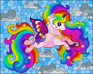 Stained glass illustration with a cute cartoon unicorn on a cloudy sky background