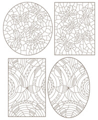 A set of contour illustrations in stained glass style with abstract butterflies, dark outlines on a white background