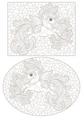 Set of contour illustrations in the style of stained glass with cute cartoon unicorns in the sky