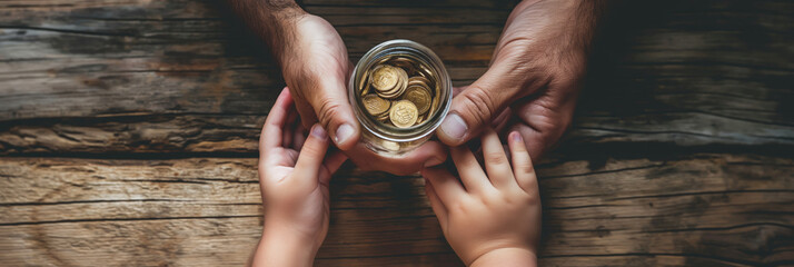 Two adult hands passing a jar filled with coins to small child's hands, illustrating the concept of inheritance or financial responsibility