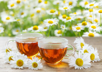 cups of chamomile tea and fresh chamomile flowers on meadow background