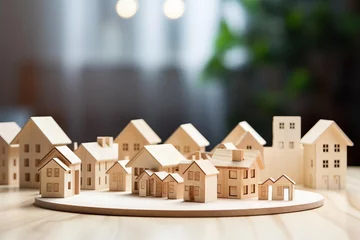 Fotobehang Wooden blocks arranged on a table with a small house model out of focus in the backdrop, suggesting property investment © reels