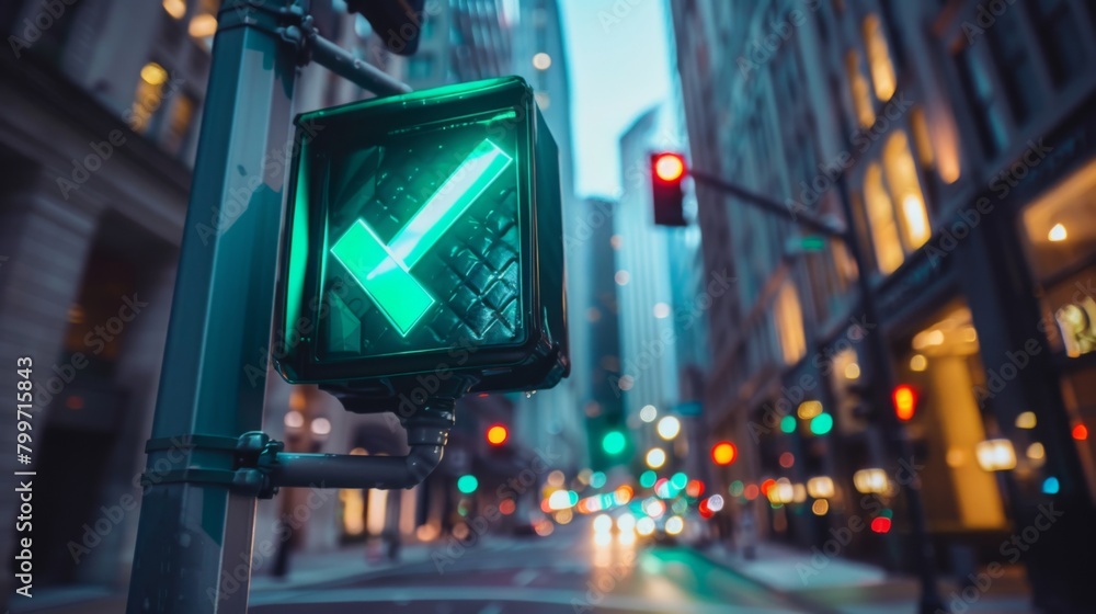 Poster a green arrow traffic signal allowing vehicles to turn left safely at an intersection, directing tra