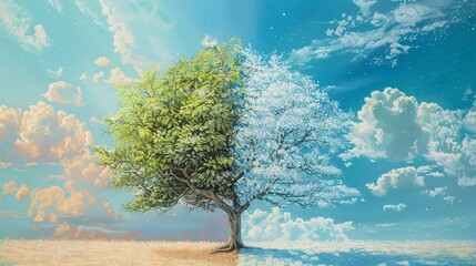 A singular tree depicted in dual seasons its left bursting with green leaves under summer skies
