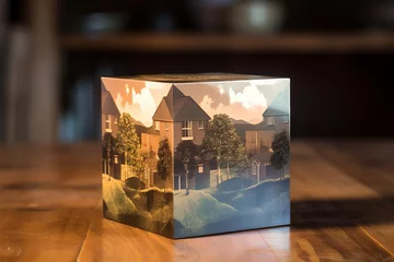 Fotobehang A wooden cube prominently displayed with a house figure subtly blurred in the distance, on a textured wood surface © reels