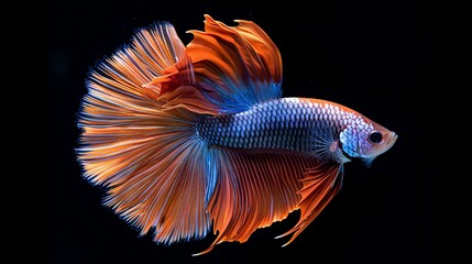 Fototapeta premium Close-up of a Betta fish showcasing its intricate tail fin design and vibrant colors as it swims gracefully in a well-maintained aquarium, providing a captivating focal point for any aquatic display.