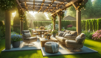 Cozy outdoor patio with string lights, comfortable seating, and lush greenery at dusk.
