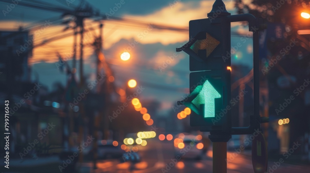 Poster a green arrow traffic signal allowing vehicles to turn left safely at an intersection, directing tra