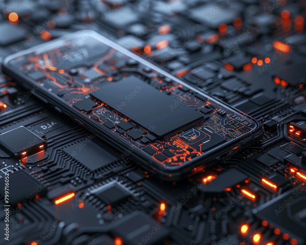 Poster clean and simple smartphone screen mockup with a complex ai-themed background