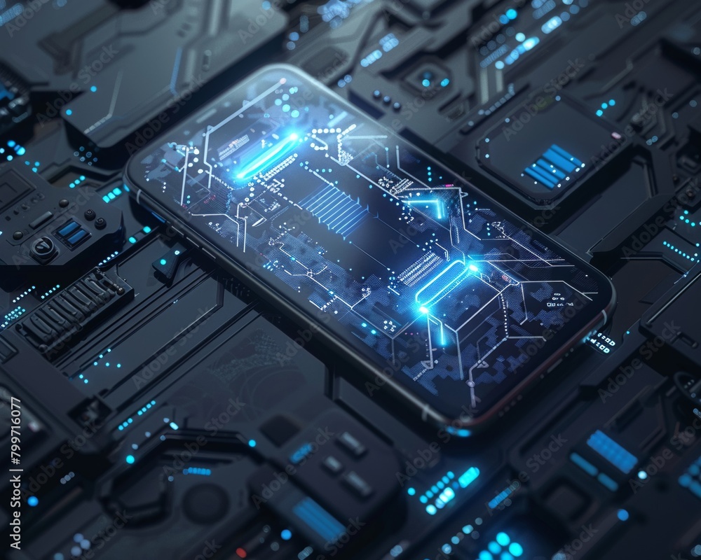 Poster clean and simple smartphone screen mockup with a complex ai-themed background