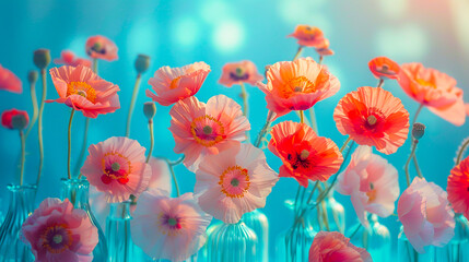 Vibrant poppies in various hues of pink and orange, displayed in clear bottles against a bright turquoise background.
