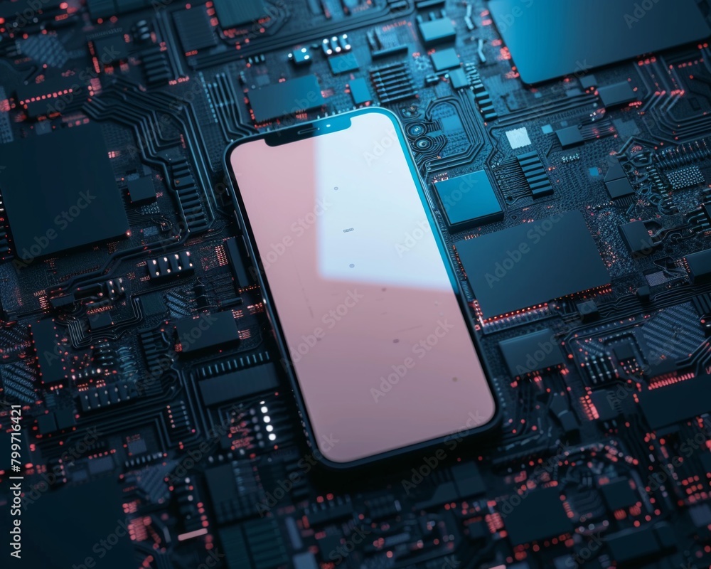 Poster mockup of a smartphone with a pristine screen set against a background filled with digital ai elemen