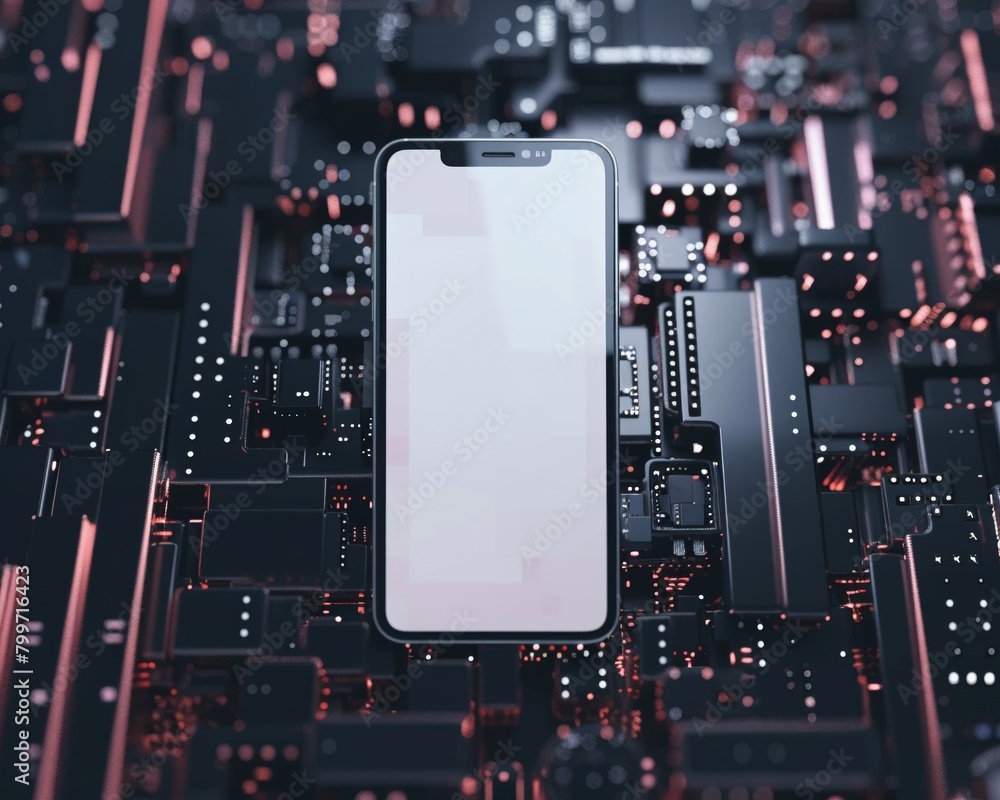 Poster mockup of a smartphone with a pristine screen set against a background filled with digital ai elemen