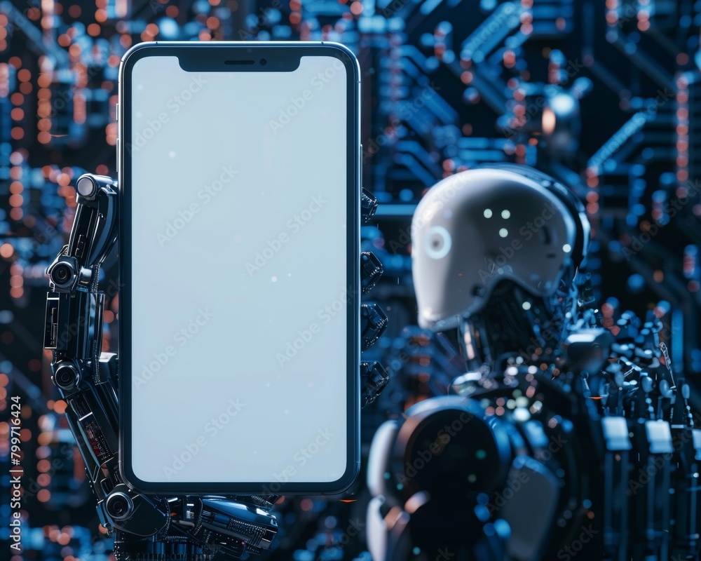 Poster mockup of a smartphone with a pristine screen set against a background filled with digital ai elemen