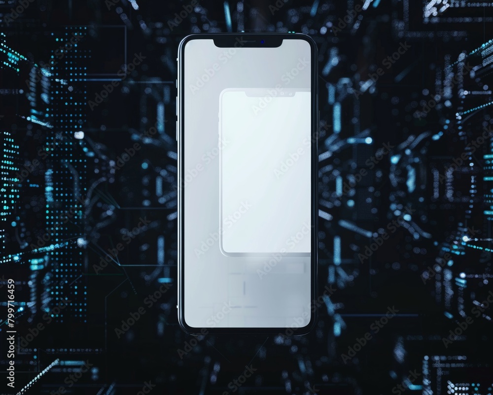 Poster mockup of a smartphone with a pristine screen set against a background filled with digital ai elemen