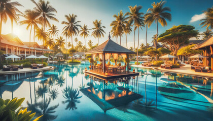 Resort infinity pool surrounded by palm trees with a gazebo bar in the center during a warm sunset... - Powered by Adobe