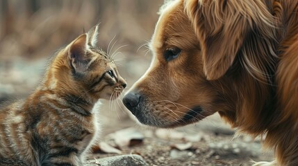 Close-up of a dog and a cat sitting side by side, their noses touching in a gentle gesture of friendship and trust, showcasing the unique bond and unspoken communication
