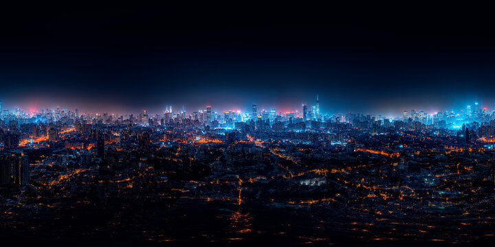 Fototapeta Aerial view of the city night time 8K VR 360 Spherical Panorama