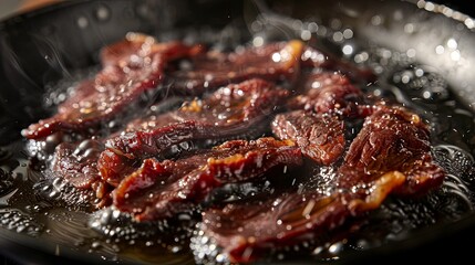 Close-up of a frying pan filled with sun-dried beef slices frying in bubbling hot oil, achieving a crispy and crunchy texture that enhances the beef's natural flavors.