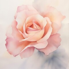 A watercolor painting of a pink rose in full bloom against a white background.