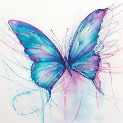 A watercolor painting of a blue and purple butterfly with light blue and pink splatters on a white background.