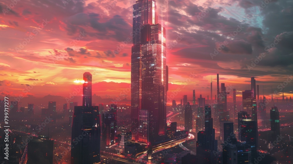 Aufkleber a modern skyscraper ablaze with lights, towering above the city skyline and symbolizing progress and