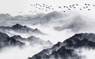 
Misty mountains with gentle slopes and flocks of birds in the sunrise sky. Very beautiful traditional ink painting