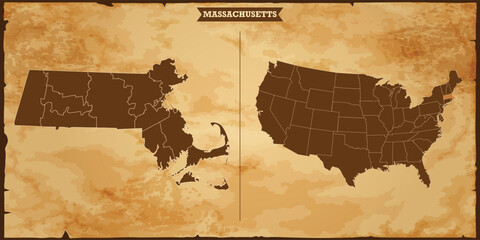 Massachusetts state map, United States of America map with federal states in A vintage map based background, Political USA Map - obrazy, fototapety, plakaty