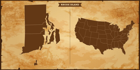 Rhode Island state map, United States of America map with federal states in A vintage map based background, Political USA Map - obrazy, fototapety, plakaty