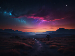A dreamy landscape, with neon lights floating up towards the stars, the night sky with their electric glow. Generative AI