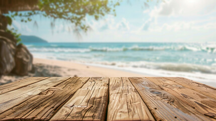 Wooden board with the beach in the background created with Generative Ai technology