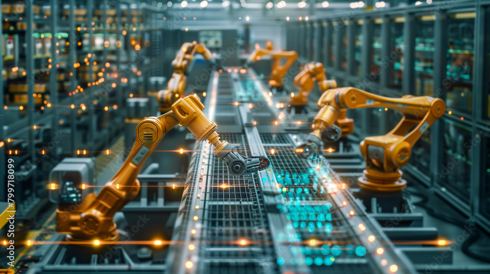 Poster automated machinery controlled by internet-connected computers. industry 4.0 smart technology concep