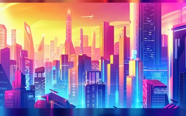 
Futuristic colorful city, panoramic view of skyscrapers and high-rise buildings vector illustration, very beautiful city view