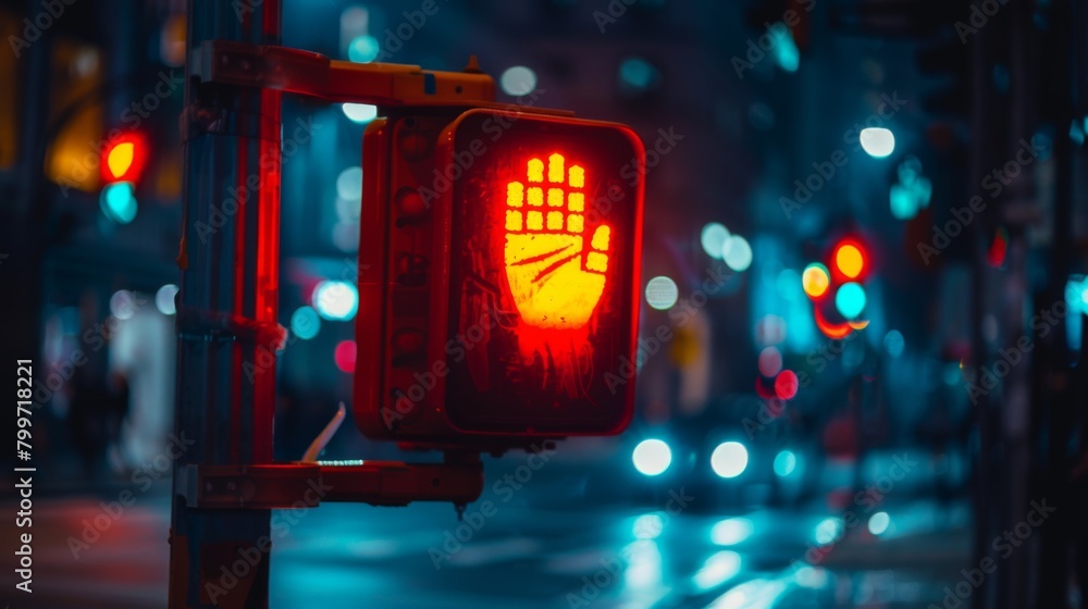 Poster a pedestrian crossing signal displaying a red hand symbol, indicating pedestrians to wait before cro