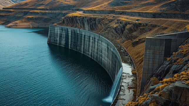 Close-up of a massive dam wall impounding a vast reservoir of freshwater, 