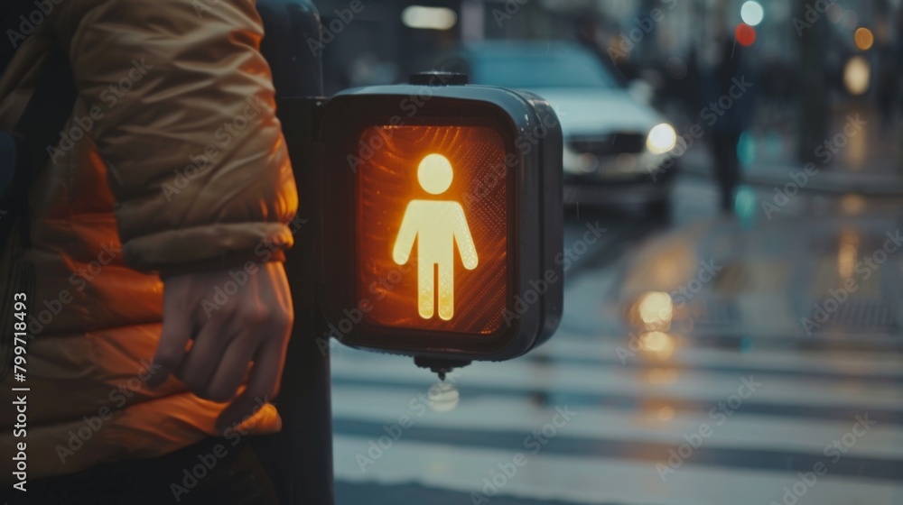 Poster A pedestrian pushing the button at a crosswalk signal, activating the pedestrian walk signal for safe crossing.