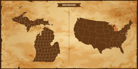 Michigan state map, United States of America map with federal states in A vintage map based background, Political USA Map - obrazy, fototapety, plakaty