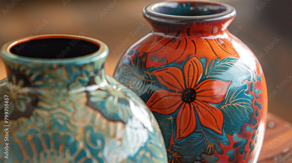 Poster two vases with complementary designs one with delicate floral patterns and the other with a bold abs