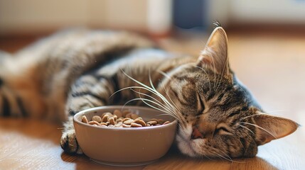 Close-up of a pampered cat lounging contentedly next to an empty bowl of wet food, its appetite satiated and its belly full.