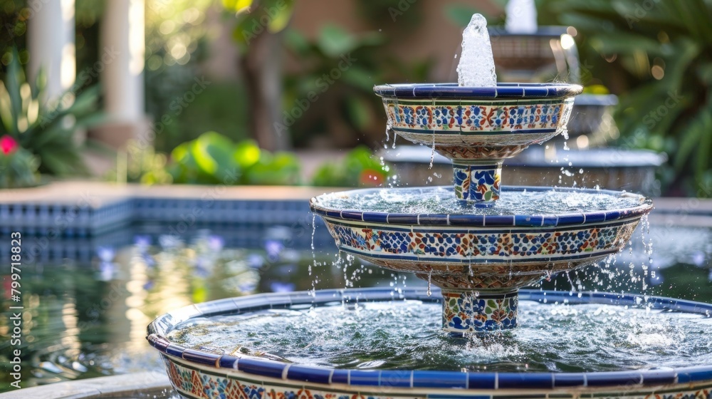 Poster a ceramic fountain with multiple tiers each adorned with intricate arabesque patterns spouting water