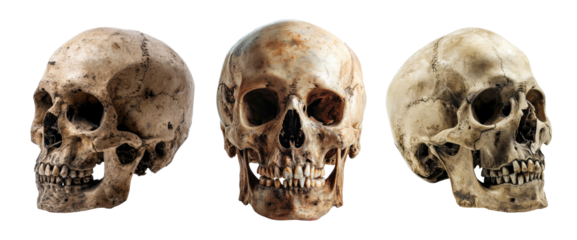 Set of skulls isolated on transparent background, front view