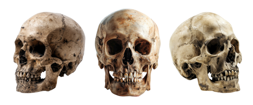 Set of skulls isolated on transparent background, front view