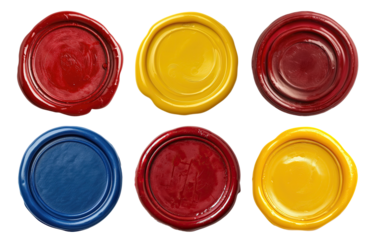Red, yellow and blue wax seals isolated on transparent background, top view