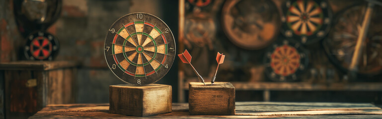 A close-up image capturing a well-used dartboard, focus on dart tips lodged in the double bullseye...