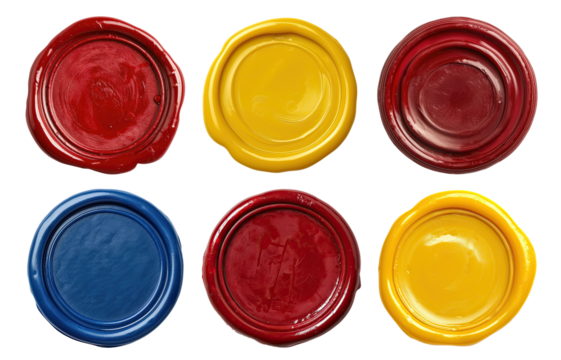 Red, yellow and blue wax seals isolated on transparent background, top view
