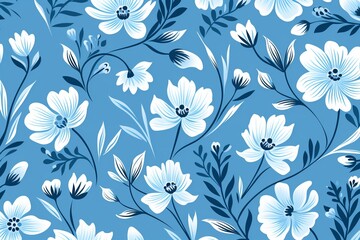 Fototapeta premium Ethnicinspired flower motifs, flat pattern design, on azure base , simple line drawing